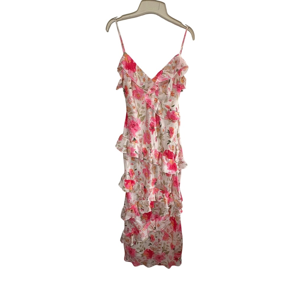 Midnight Doll Size Medium White Pink Floral Ruffle Maxi Formal Dress Party